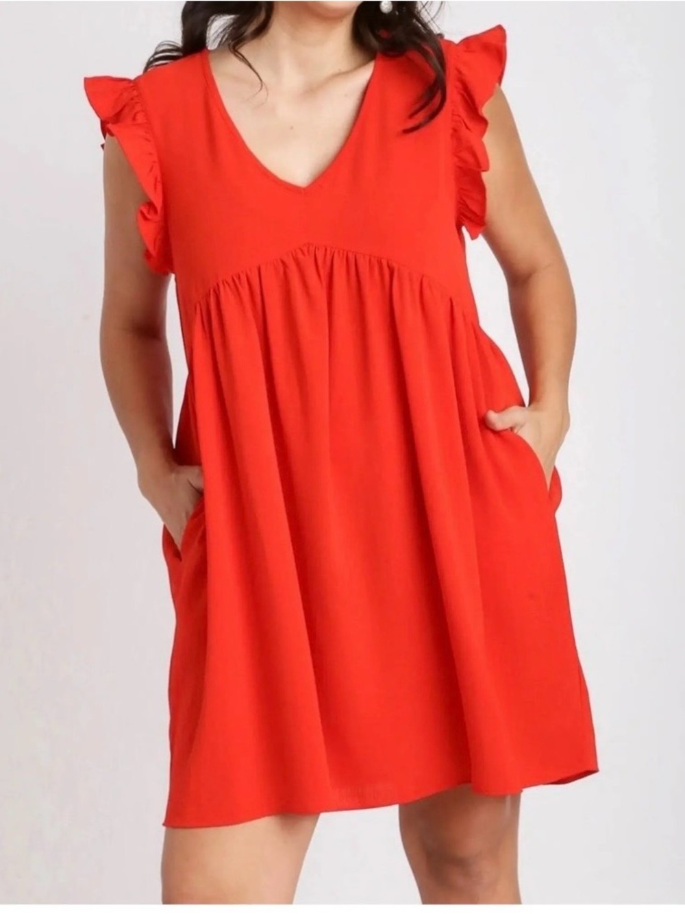 Umgee Coral-Red Ruffle Sleeve V-Neck Mini Dress - Picture 4 of 8